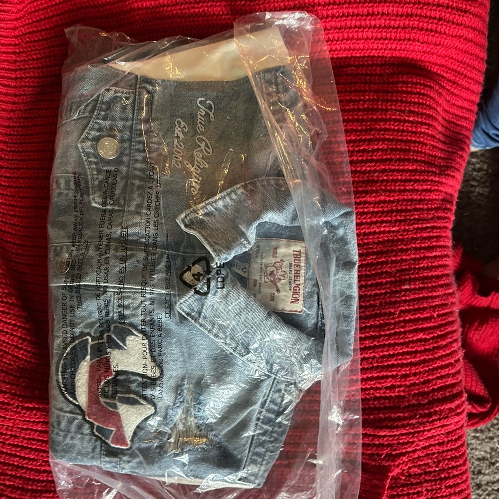 True Religion Blue Jeans jacket with Red Accents and white Leather Sleeves